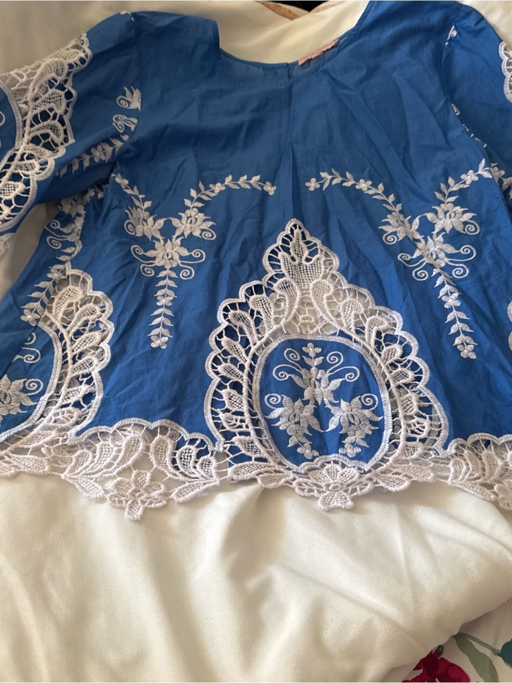 Saint Tropez West Royal Blue Lace-Trim Embroidered Blouse